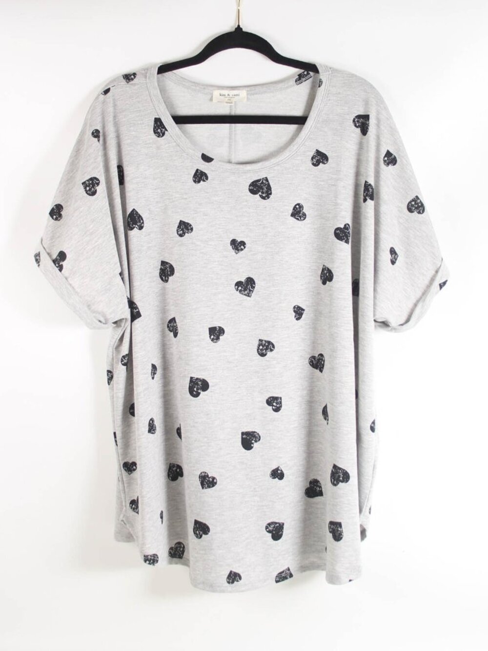Kim & Cami 2X Gray Heart Print Tunic Top Dolman Sleeve Soft Sweatshirt Knit